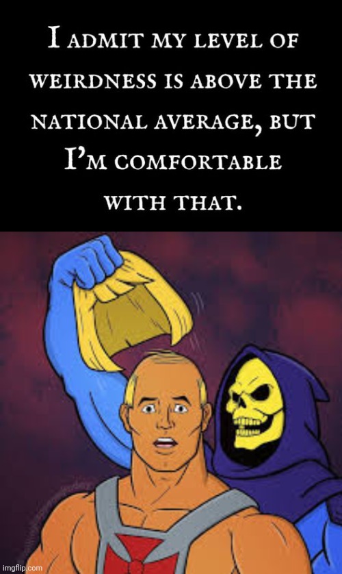 Level of weirdness above average | image tagged in he man wears a toupee skeletor big reveal,weird stuff i do potoo | made w/ Imgflip meme maker