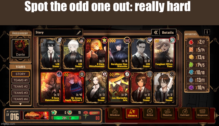 Limbus company randmshif | Spot the odd one out: really hard | image tagged in limbus company | made w/ Imgflip meme maker