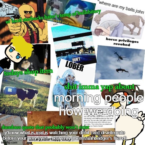 temp of bullshitery | morning people
how we doing; y'know what is real is watching your debit card disintegrate before your very eyes - heavenly (therussianbadger's friend) | image tagged in temp of bullshitery | made w/ Imgflip meme maker