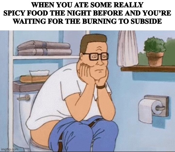 WHEN YOU ATE SOME REALLY SPICY FOOD THE NIGHT BEFORE AND YOU’RE WAITING FOR THE BURNING TO SUBSIDE | image tagged in funny memes | made w/ Imgflip meme maker