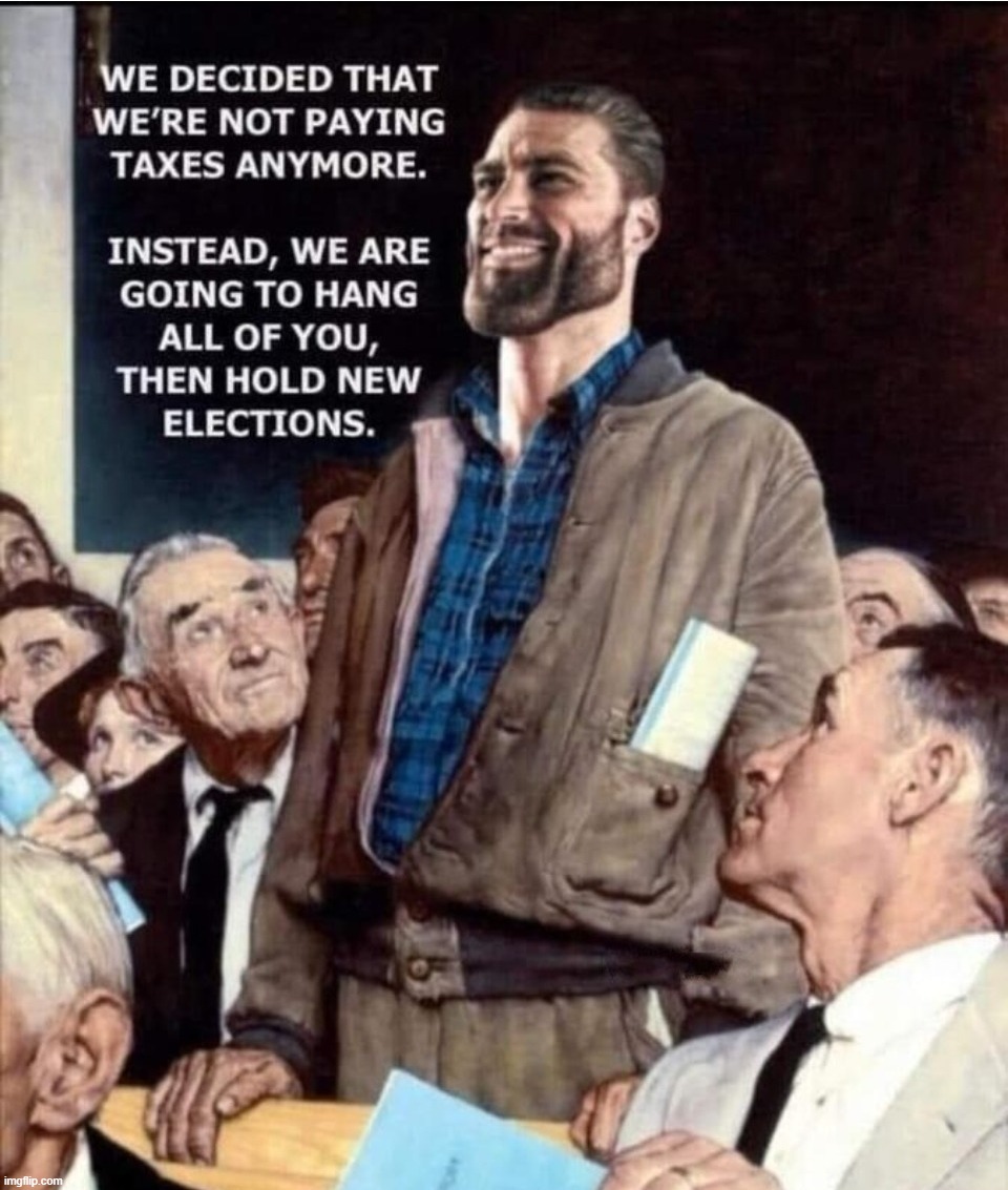 We decided that we're not paying taxes anymore. | image tagged in taxes,income taxes,hanging out,hanging,vigilantes,vigilante justice | made w/ Imgflip meme maker