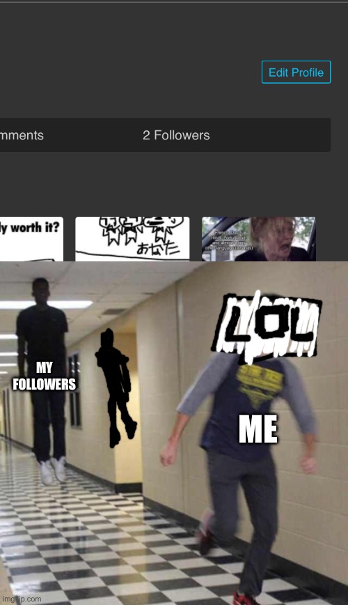 Flot | MY FOLLOWERS; ME | image tagged in floating boy chasing running boy | made w/ Imgflip meme maker