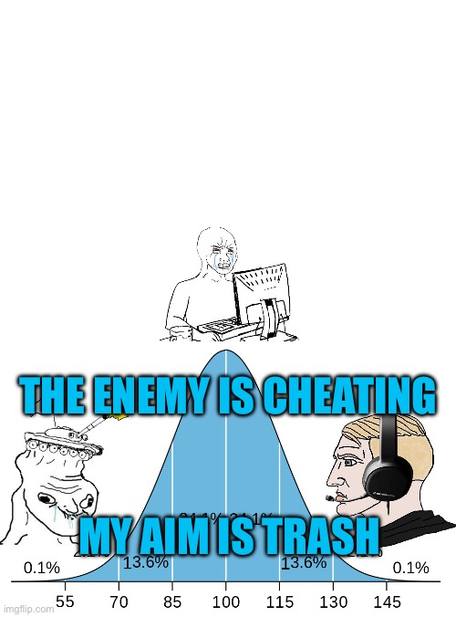 THE ENEMY IS CHEATING MY AIM IS TRASH | image tagged in blank white template,iq bell curve | made w/ Imgflip meme maker