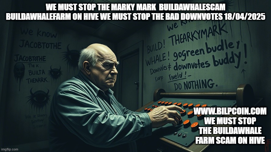 WE MUST STOP THE MARKY MARK  BUILDAWHALESCAM BUILDAWHALEFARM ON HIVE WE MUST STOP THE BAD DOWNVOTES 18/04/2025; WWW.BILPCOIN.COM WE MUST STOP THE BUILDAWHALE FARM SCAM ON HIVE | made w/ Imgflip meme maker
