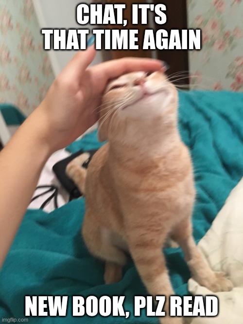 :3 (omfg i'm so tired) | CHAT, IT'S THAT TIME AGAIN; NEW BOOK, PLZ READ | image tagged in cat pat | made w/ Imgflip meme maker