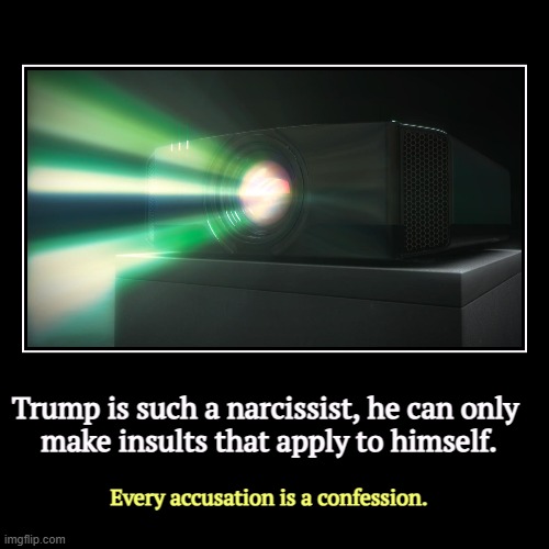 Trump is such a narcissist, he can only 
make insults that apply to himself. | Every accusation is a confession. | image tagged in funny,demotivationals,trump,narcissist,insults,confession | made w/ Imgflip demotivational maker