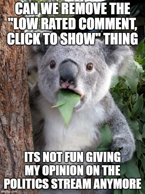 All they do is just downvote memes with their alts! | CAN WE REMOVE THE "LOW RATED COMMENT, CLICK TO SHOW" THING; ITS NOT FUN GIVING MY OPINION ON THE POLITICS STREAM ANYMORE | image tagged in memes,alt | made w/ Imgflip meme maker
