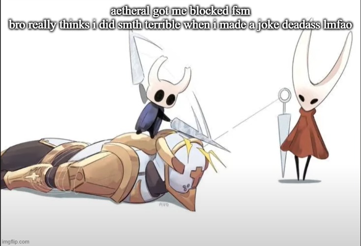 oven was much more peak as a user and he pissed me off most of the time | aetheral got me blocked fsm
bro really thinks i did smth terrible when i made a joke deadass lmfao | image tagged in hallowness | made w/ Imgflip meme maker