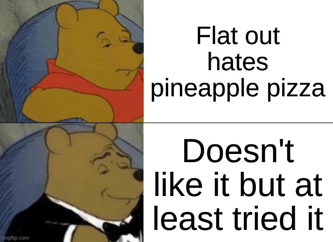 pizza | Flat out hates pineapple pizza; Doesn't like it but at least tried it | image tagged in memes,tuxedo winnie the pooh | made w/ Imgflip meme maker