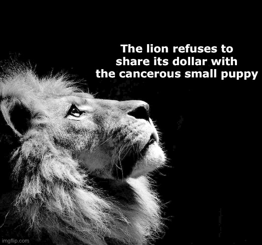 Lion Meme | The lion refuses to share its dollar with the cancerous small puppy | image tagged in lion meme | made w/ Imgflip meme maker