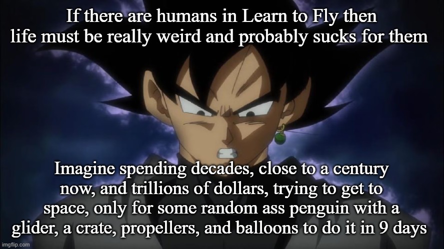 Goku Black | If there are humans in Learn to Fly then life must be really weird and probably sucks for them; Imagine spending decades, close to a century now, and trillions of dollars, trying to get to space, only for some random ass penguin with a glider, a crate, propellers, and balloons to do it in 9 days | image tagged in goku black | made w/ Imgflip meme maker