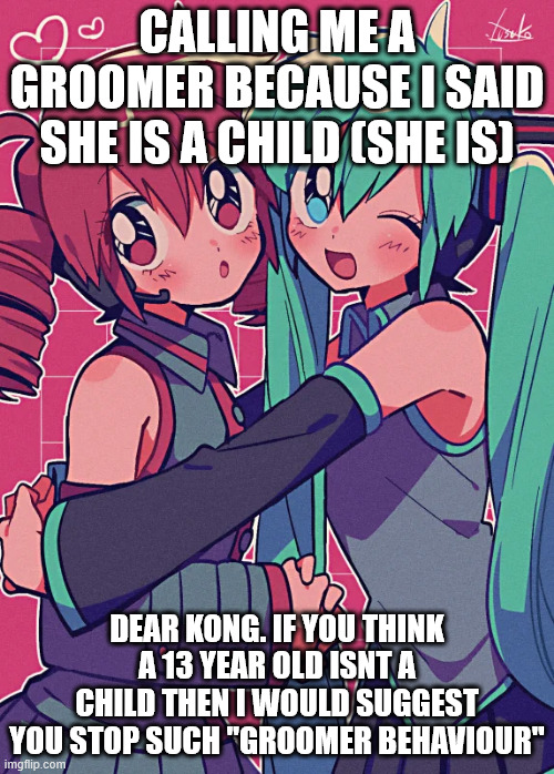 CALLING ME A GROOMER BECAUSE I SAID SHE IS A CHILD (SHE IS); DEAR KONG. IF YOU THINK A 13 YEAR OLD ISNT A CHILD THEN I WOULD SUGGEST YOU STOP SUCH "GROOMER BEHAVIOUR" | made w/ Imgflip meme maker