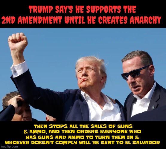 Trump's 2nd Amendment lie | TRUMP SAY'S HE SUPPORTS THE 2ND AMENDMENT UNTIL HE CREATES ANARCHY; THEN STOPS ALL THE SALES OF GUNS & AMMO, AND THEN ORDERS EVERYONE WHO HAS GUNS AND AMMO TO TURN THEM IN & WHOEVER DOESN'T COMPLY WILL BE SENT TO EL SALVADOR | image tagged in trump's 2nd amendment lie,mass shooting again,maga murderer,gun nuts,trump's coming for your guns,just like putin | made w/ Imgflip meme maker