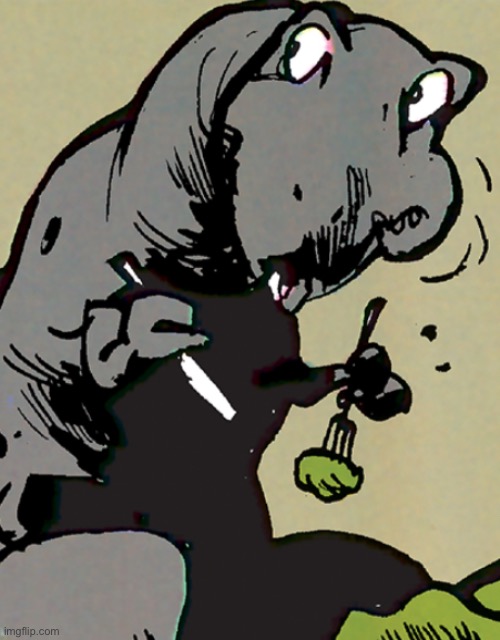 T-Rex eating a Triceratops with a fork and knife | made w/ Imgflip meme maker
