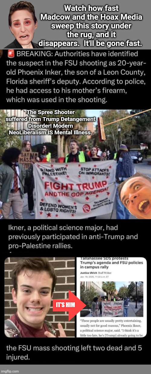 TDS shooter at Orange Man protest | Watch how fast Madcow and the Hoax Media sweep this story under the rug, and it disappears.  It'll be gone fast. The Spree Shooter suffered from Trump Detangement Disorder! Modern NeoLiberalism IS Mental Illness. IT'S HIM | image tagged in blank grey,phoenix inker tds shooter,mental illness | made w/ Imgflip meme maker