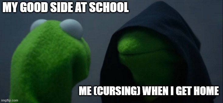 me when im at school vs me when im home ??? | MY GOOD SIDE AT SCHOOL; ME (CURSING) WHEN I GET HOME | image tagged in memes,evil kermit,fuck you,fuck,bitch,swear word | made w/ Imgflip meme maker