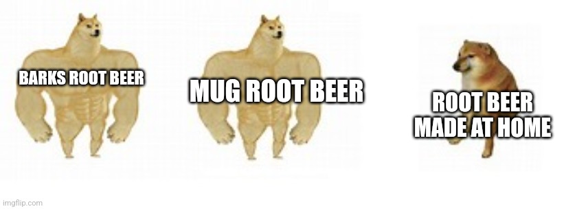 Root beer | BARKS ROOT BEER; MUG ROOT BEER; ROOT BEER MADE AT HOME | image tagged in 2 buff doge vs 1 cheems,jpfan102504 | made w/ Imgflip meme maker