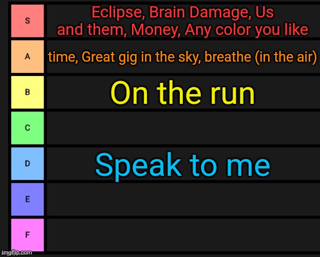 Personal ranking on Dark Side of the moon | Eclipse, Brain Damage, Us and them, Money, Any color you like; time, Great gig in the sky, breathe (in the air); On the run; Speak to me | image tagged in tier list | made w/ Imgflip meme maker
