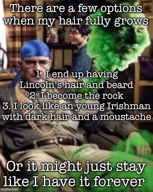 Waltuh | There are a few options when my hair fully grows; 1. I end up having Lincoln’s hair and beard
2. I become the rock
3. I look like an young Irishman with dark hair and a moustache; Or it might just stay like I have it forever | image tagged in waltuh,msmg | made w/ Imgflip meme maker