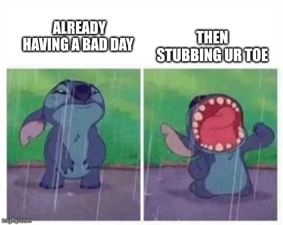 Happens all the time | THEN STUBBING UR TOE; ALREADY HAVING A BAD DAY | image tagged in stitch despair | made w/ Imgflip meme maker