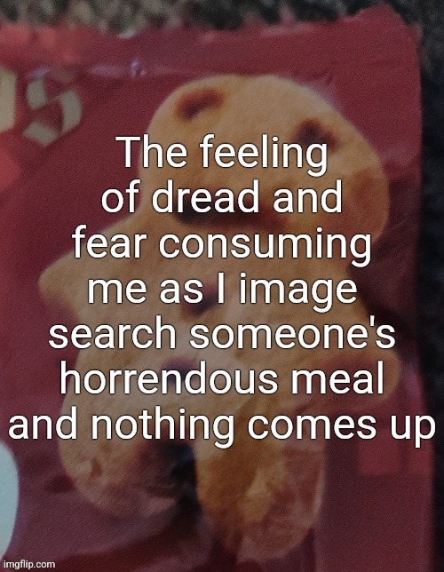 Cookie | The feeling of dread and fear consuming me as I image search someone's horrendous meal and nothing comes up | image tagged in cookie | made w/ Imgflip meme maker