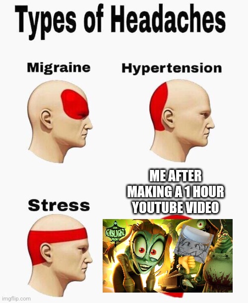 Gosh this took 1 hour | ME AFTER MAKING A 1 HOUR YOUTUBE VIDEO | image tagged in headaches | made w/ Imgflip meme maker