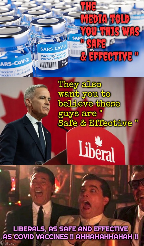 Liberals are as toxic as the vaccines | The media told you this was 
" safe & effective "; They also want you to believe these guys are " Safe & Effective "; LIBERALS, AS SAFE AND EFFECTIVE AS COVID VACCINES !! AHHAHAHHAHAH !! | image tagged in sars-cov2 vaccine,canadian liberal party,goodfellas laughing scene henry hill | made w/ Imgflip meme maker