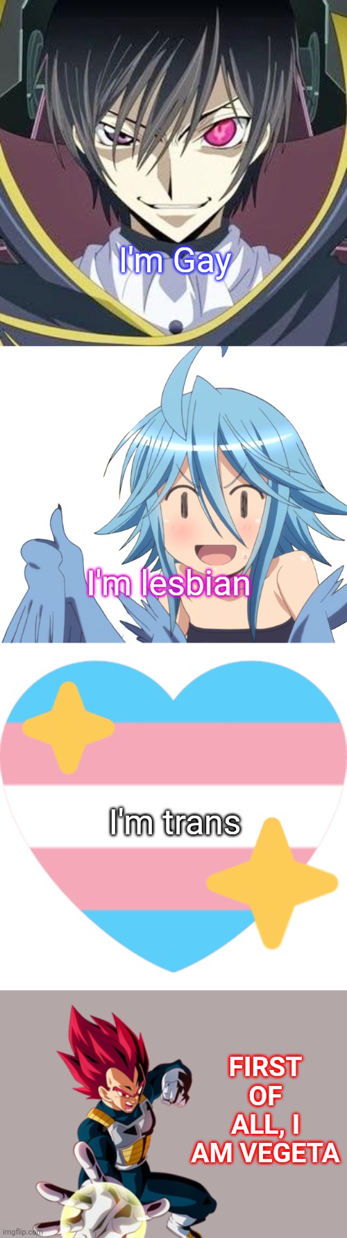 I'm Gay; I'm lesbian; I'm trans; FIRST OF ALL, I AM VEGETA | image tagged in fancy anime guy,papi thumbs up,transgender pride heart | made w/ Imgflip meme maker