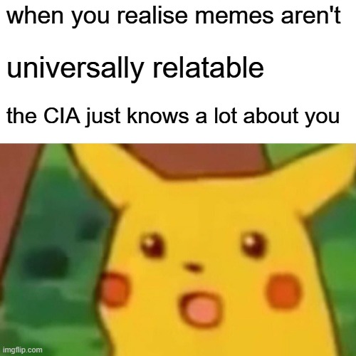 Surprised Pikachu Meme | when you realise memes aren't; universally relatable; the CIA just knows a lot about you | image tagged in memes,surprised pikachu | made w/ Imgflip meme maker