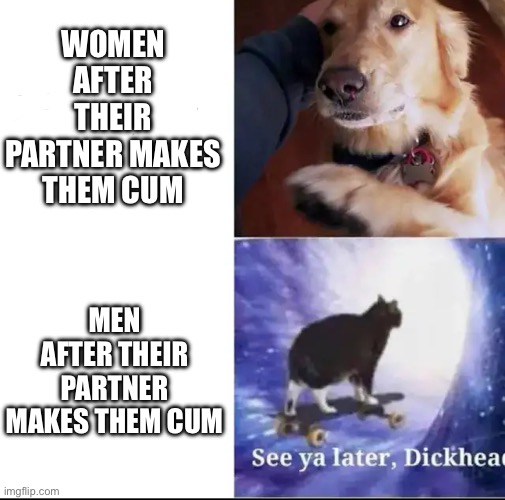 Can confirm I get increase confidence after vibrator night | WOMEN AFTER THEIR PARTNER MAKES THEM CUM; MEN AFTER THEIR PARTNER MAKES THEM CUM | image tagged in dog,cat,funny,sex,lewd,humor | made w/ Imgflip meme maker
