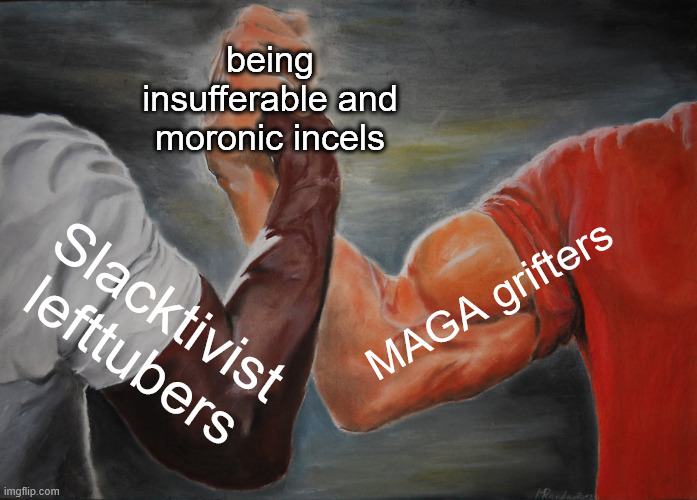 As an American, I can confidently say "real" | being insufferable and moronic incels; MAGA grifters; Slacktivist lefttubers | image tagged in memes,epic handshake,so true memes | made w/ Imgflip meme maker