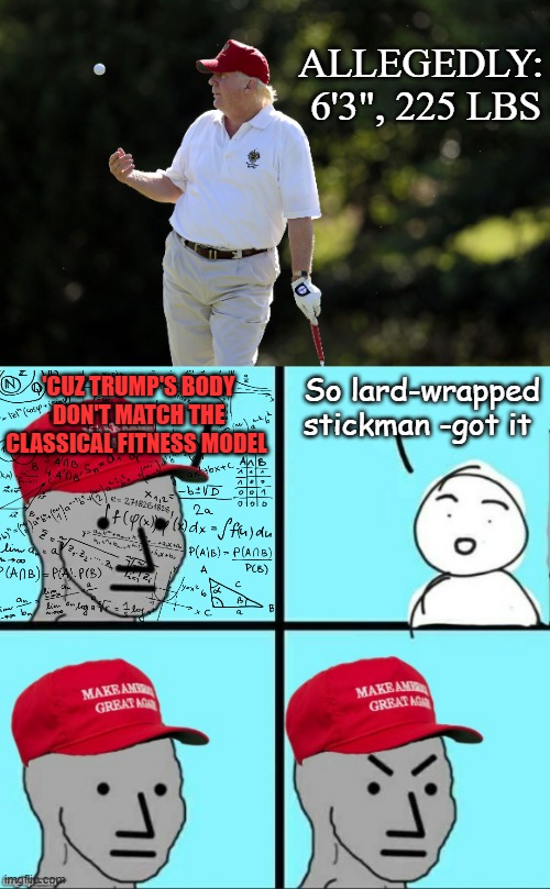 The lies, the lies, the lies he lies -of "golfing great" but he's no prize. (w/ nod to whistlelock, apologies to ANTHRAX) | ALLEGEDLY:
 6'3", 225 LBS; So lard-wrapped stickman -got it; 'CUZ TRUMP'S BODY DON'T MATCH THE CLASSICAL FITNESS MODEL | image tagged in fat guy,liar,trump sucks,at golf,actually | made w/ Imgflip meme maker