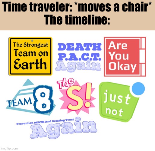 (Yakko: why is dpa there twice) (Fries: Who knows) | Time traveler: *moves a chair*
The timeline: | made w/ Imgflip meme maker
