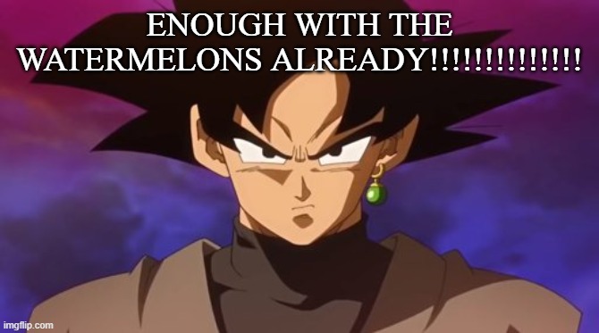 Goku Black | ENOUGH WITH THE WATERMELONS ALREADY!!!!!!!!!!!!!! | image tagged in goku black | made w/ Imgflip meme maker