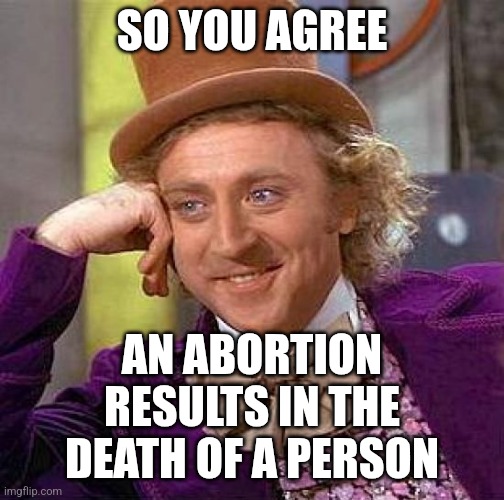 Creepy Condescending Wonka Meme | SO YOU AGREE AN ABORTION RESULTS IN THE DEATH OF A PERSON | image tagged in memes,creepy condescending wonka | made w/ Imgflip meme maker