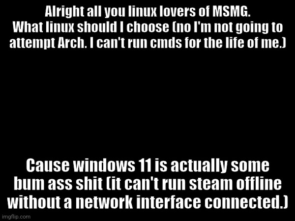 I'm considering Mint Cinnamon. | Alright all you linux lovers of MSMG. What linux should I choose (no I'm not going to attempt Arch. I can't run cmds for the life of me.); Cause windows 11 is actually some bum ass shit (it can't run steam offline without a network interface connected.) | made w/ Imgflip meme maker