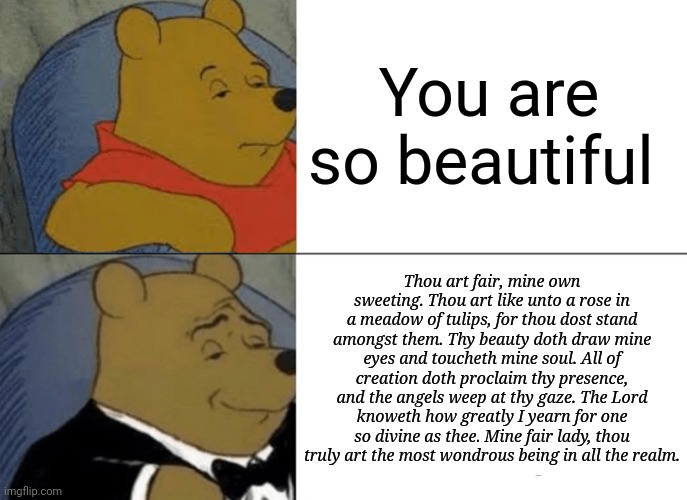 I verily loveth this epistle. It maketh me laught | You are so beautiful; Thou art fair, mine own sweeting. Thou art like unto a rose in a meadow of tulips, for thou dost stand amongst them. Thy beauty doth draw mine eyes and toucheth mine soul. All of creation doth proclaim thy presence, and the angels weep at thy gaze. The Lord knoweth how greatly I yearn for one so divine as thee. Mine fair lady, thou truly art the most wondrous being in all the realm. | image tagged in memes,tuxedo winnie the pooh | made w/ Imgflip meme maker
