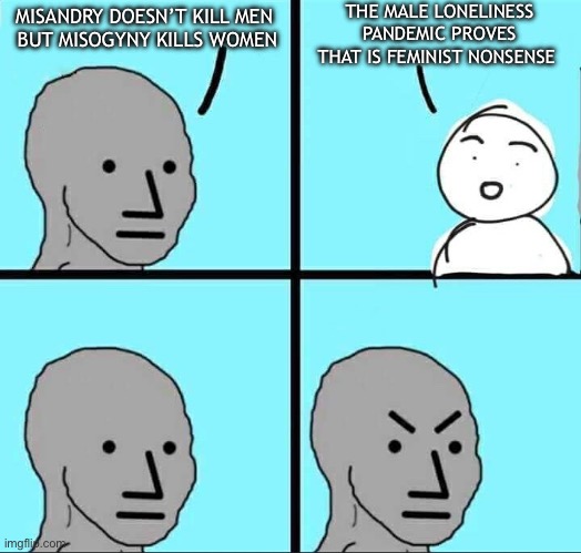 NPC Meme | THE MALE LONELINESS PANDEMIC PROVES THAT IS FEMINIST NONSENSE; MISANDRY DOESN’T KILL MEN 
BUT MISOGYNY KILLS WOMEN | image tagged in npc meme,feminism,triggered feminist,angry feminist,feminazi,double standards | made w/ Imgflip meme maker