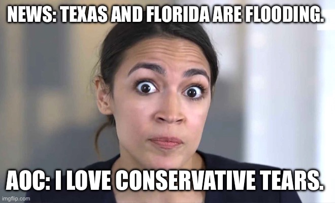 You’re wrong stupid | NEWS: TEXAS AND FLORIDA ARE FLOODING. AOC: I LOVE CONSERVATIVE TEARS. | image tagged in aoc crazy eyes so there,aoc,dumb aoc | made w/ Imgflip meme maker