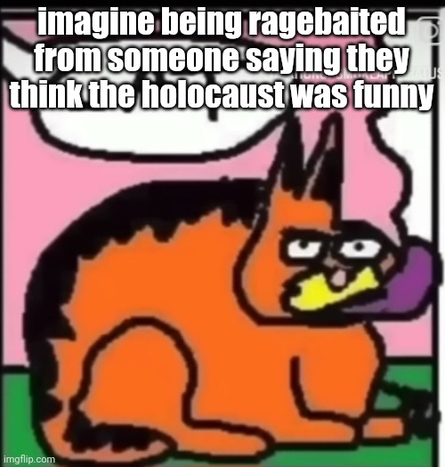 CAT | imagine being ragebaited from someone saying they think the holocaust was funny | image tagged in cat | made w/ Imgflip meme maker