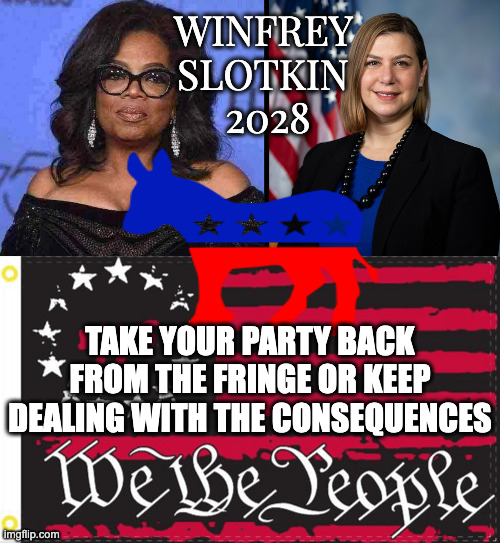 Dems Need to Take Their Party Back from the Crazies | WINFREY 
SLOTKIN 
2028; TAKE YOUR PARTY BACK FROM THE FRINGE OR KEEP DEALING WITH THE CONSEQUENCES | image tagged in elissa slotkin,take our country back,alternate reality,hypothetical | made w/ Imgflip meme maker
