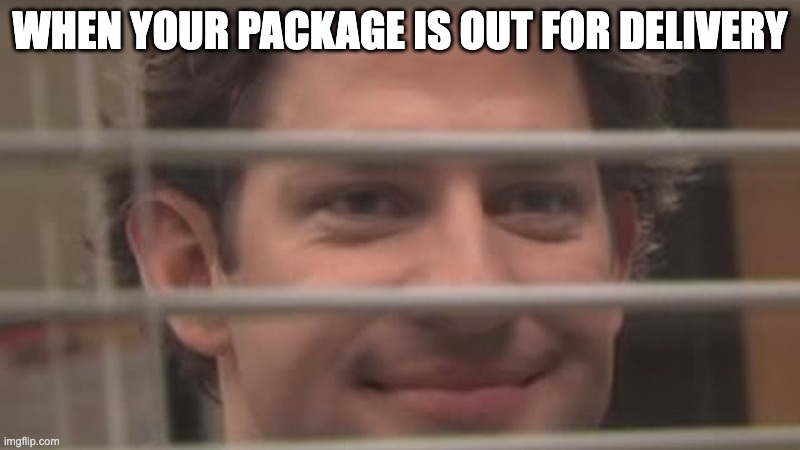 I'm not the only one that does this I hope. *cry* | WHEN YOUR PACKAGE IS OUT FOR DELIVERY | image tagged in jim smiles trough windows | made w/ Imgflip meme maker