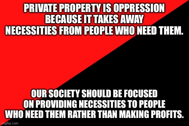 Ancom flag | PRIVATE PROPERTY IS OPPRESSION BECAUSE IT TAKES AWAY NECESSITIES FROM PEOPLE WHO NEED THEM. OUR SOCIETY SHOULD BE FOCUSED ON PROVIDING NECESSITIES TO PEOPLE WHO NEED THEM RATHER THAN MAKING PROFITS. | image tagged in ancom flag | made w/ Imgflip meme maker