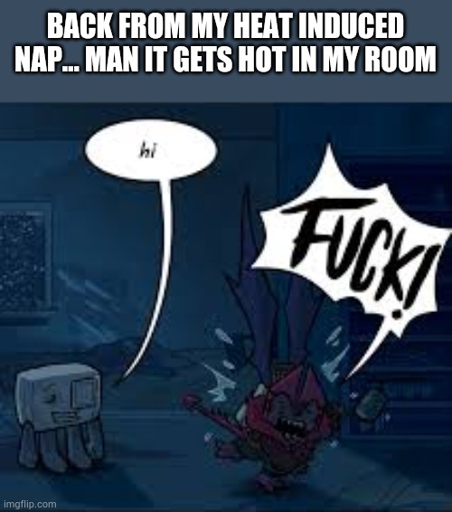 Hello chat | BACK FROM MY HEAT INDUCED NAP... MAN IT GETS HOT IN MY ROOM | image tagged in hi | made w/ Imgflip meme maker