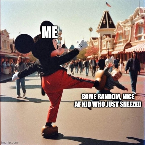 I'm evil hehe | ME; SOME RANDOM, NICE AF KID WHO JUST SNEEZED | image tagged in mickey dropkicker | made w/ Imgflip meme maker