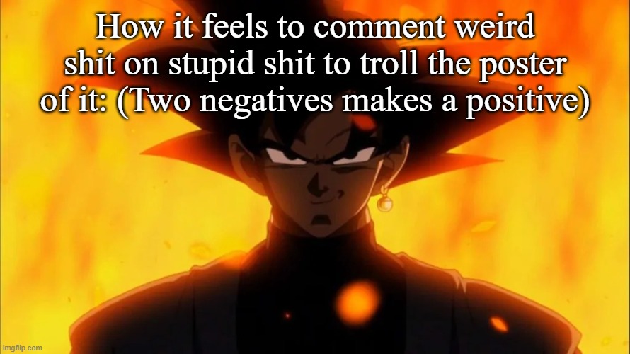 Goku Black Is A Dilf | How it feels to comment weird shit on stupid shit to troll the poster of it: (Two negatives makes a positive) | image tagged in goku black is a dilf | made w/ Imgflip meme maker