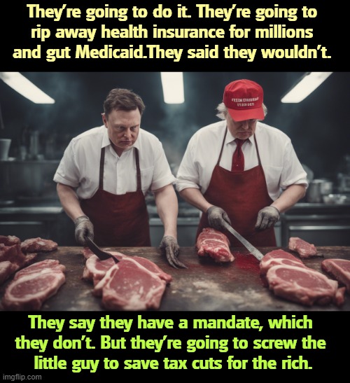 Winning by 1.5% of the vote is not a mandate for anything. | They're going to do it. They're going to 

rip away health insurance for millions 
and gut Medicaid.They said they wouldn't. They say they have a mandate, which 
they don't. But they're going to screw the 
little guy to save tax cuts for the rich. | image tagged in trump,elon musk,kill,medicaid,social safety net,health insurance | made w/ Imgflip meme maker