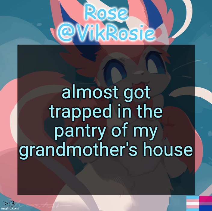 Vik's Sylveon Temp | almost got trapped in the pantry of my grandmother's house | image tagged in vik's sylveon temp | made w/ Imgflip meme maker
