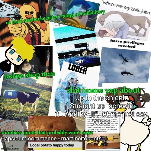 temp of bullshitery | Up in the enjenir. Straight up "screwin it". And by "it", let me just say.
Wood; Capsicum commence - martincitopants | image tagged in temp of bullshitery | made w/ Imgflip meme maker