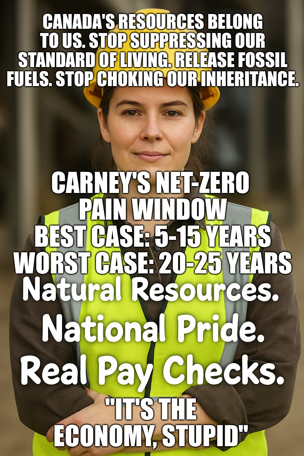 Release Our Resources | CANADA'S RESOURCES BELONG TO US. STOP SUPPRESSING OUR STANDARD OF LIVING. RELEASE FOSSIL FUELS. STOP CHOKING OUR INHERITANCE. CARNEY'S NET-ZERO 
PAIN WINDOW
BEST CASE: 5-15 YEARS
WORST CASE: 20-25 YEARS; "IT'S THE ECONOMY, STUPID" | image tagged in release our resources | made w/ Imgflip meme maker